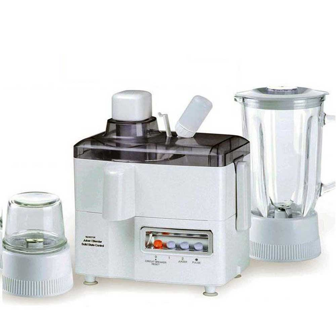 National 3 in 1 Juicer Blender Grinder Machine White Overheat Protection Circuit BreakerBig 1000ml Crystal Clear Jar.