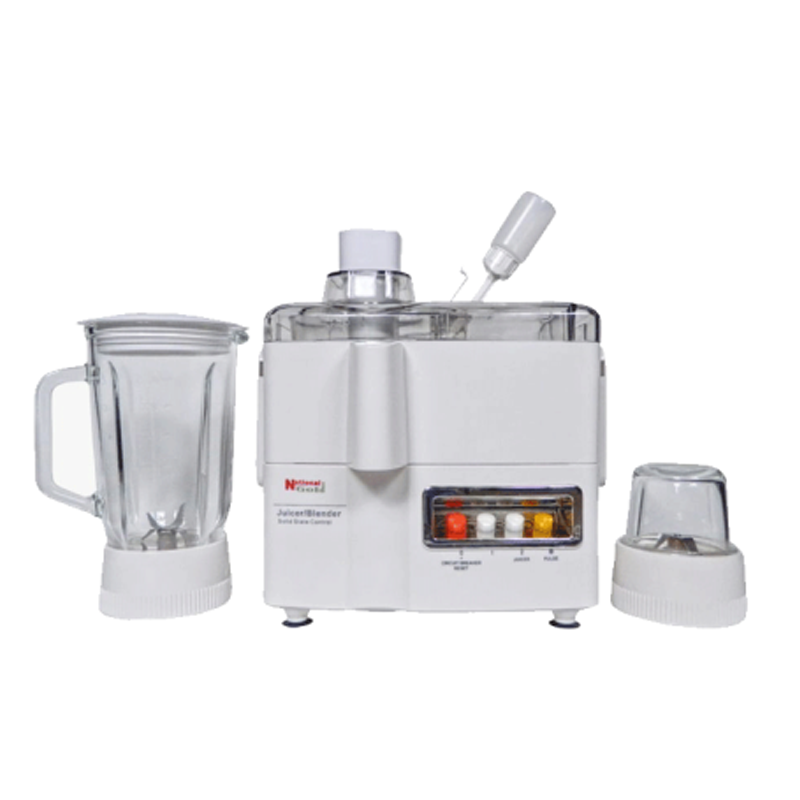 National 3 in 1 Juicer Blender Grinder Machine White Overheat Protection Circuit BreakerBig 1000ml Crystal Clear Jar.