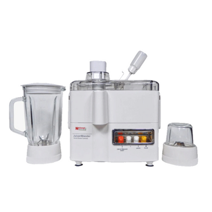 National 3 in 1 Juicer Blender Grinder Machine White Overheat Protection Circuit BreakerBig 1000ml Crystal Clear Jar.